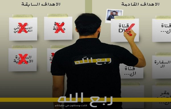 در این تصویر تبلیغاتی منتشر شده در صفحه فیسبوک ربع الله در روز ۲۷ آبان، یکی از عناصر این گروه در حال مشخص کردن نام کانال های تلویزیون ماهواره ای، سفارتخانه ها، و اشخاصی که آن گروه هدف حمله قرار داده یا آنها را تهدید به حمله کرده است، دیده می شود.